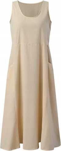 Beżowa trapezowa sukienka maxi kieszenie bawełna 3XL 46