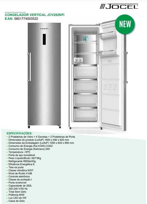 Congelador Vertical Inox 185cm altura 282 litros Jocel