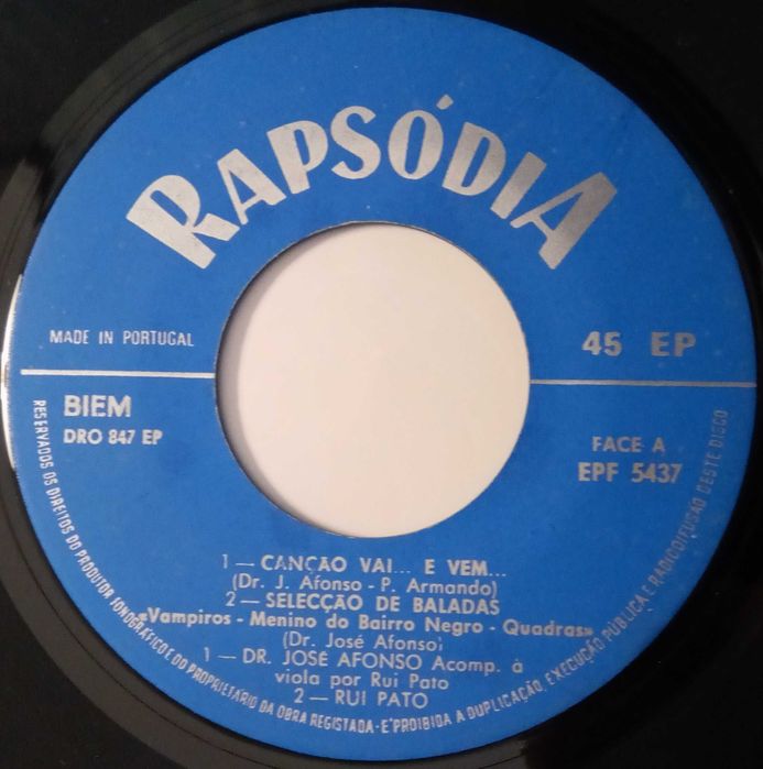 José Afonso	- - - - -		Baladas de Coimbra por Dr. José Afonso	- - -	EP