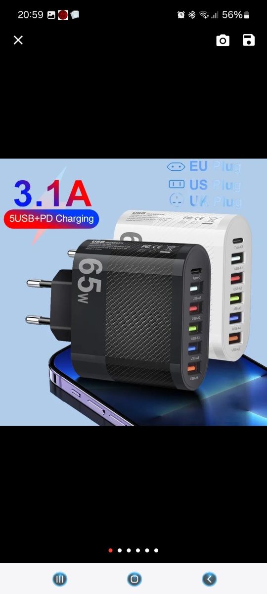 Carregador de 5 portas USB 65w