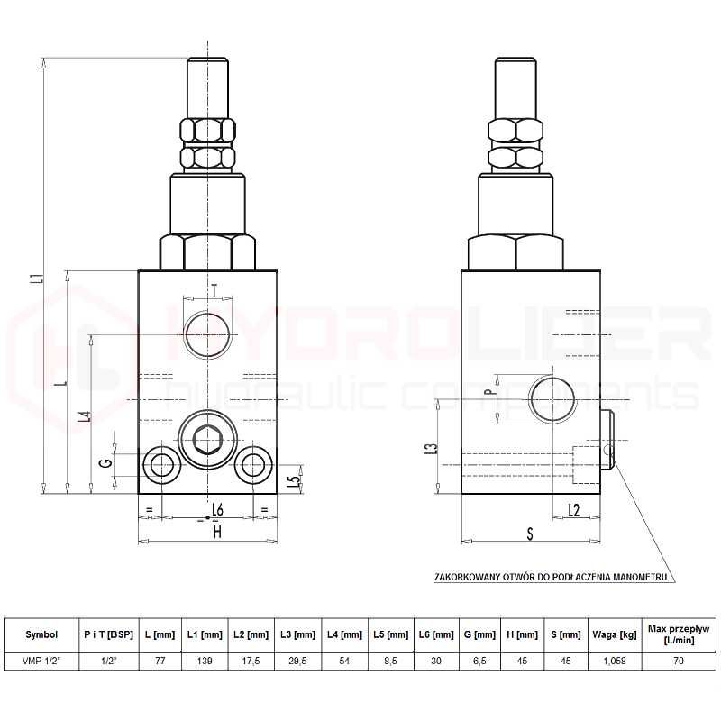 Zawór hydrauliczny przelewowy VMP 1/2" 70L. 10-180bar