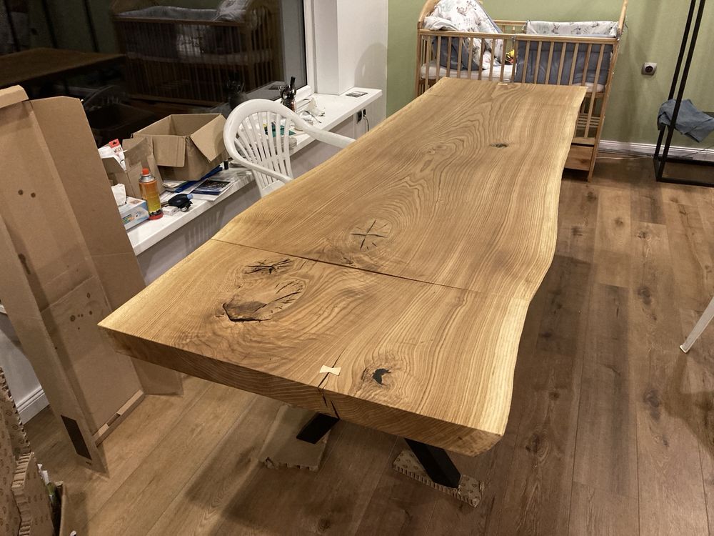 Stół dębowy monolit dostawki 245cm, live edge, oflis