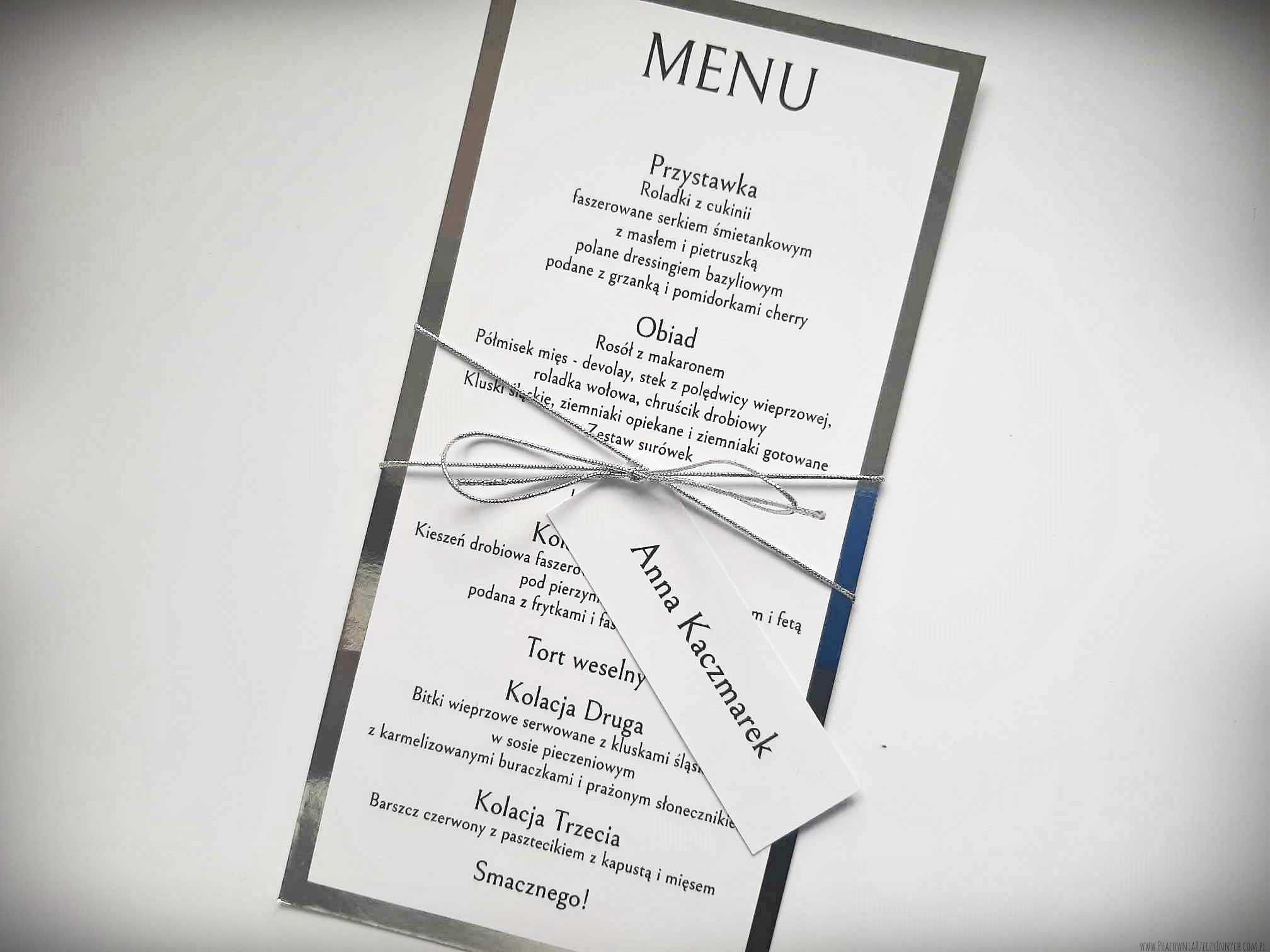 Glamour karta menu z przywiązaną winietką do położenia na talerzu