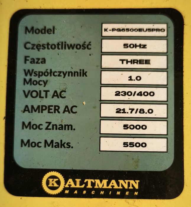 Agregat prądotwórczy Kaltmann K-PG6500EU5PRO 5 kW 400V - 230V 3 fazowy