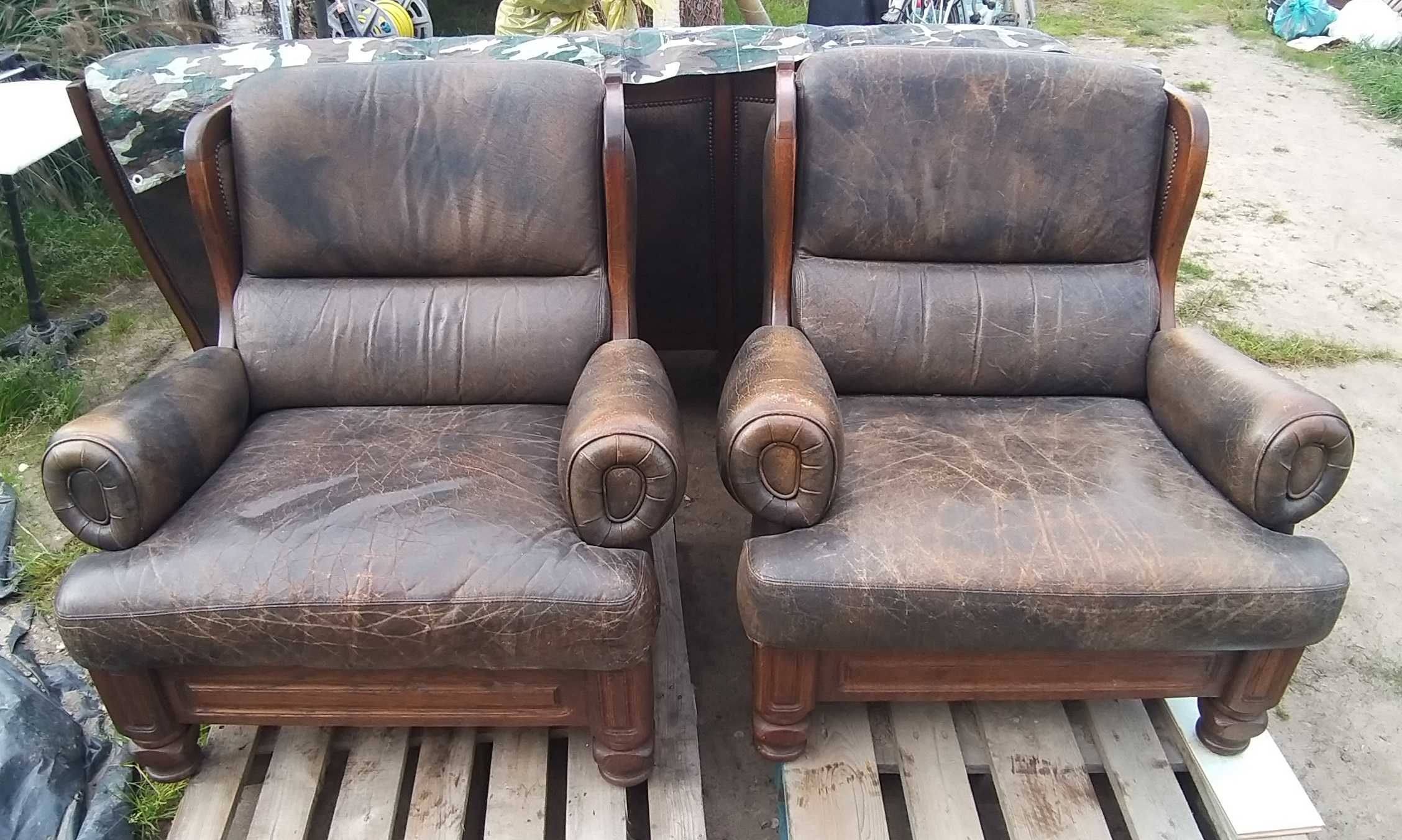 Kanapa, 2 fotele, skóra + drewno, do renowacji