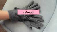 Rękawiczki polarowe zimowe damskie szare z serduszkami