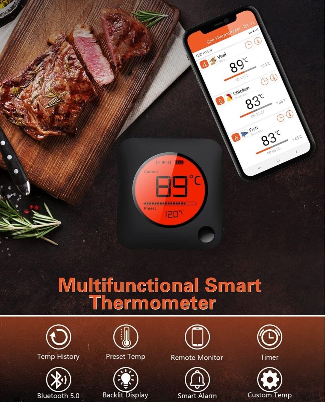 BFOUR termometr do grilla Bluetooth, cyfrowy termometr radiowy  2sondy