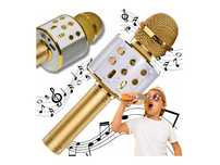 Mikrofon bezprzewodowy do karaoke złoty funkcja bluetooth głośnik usb