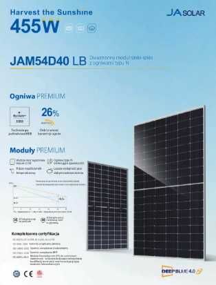 Panel fotowoltaiczny PV JA SOLAR 455W bifacial N-TYPE czarna rama