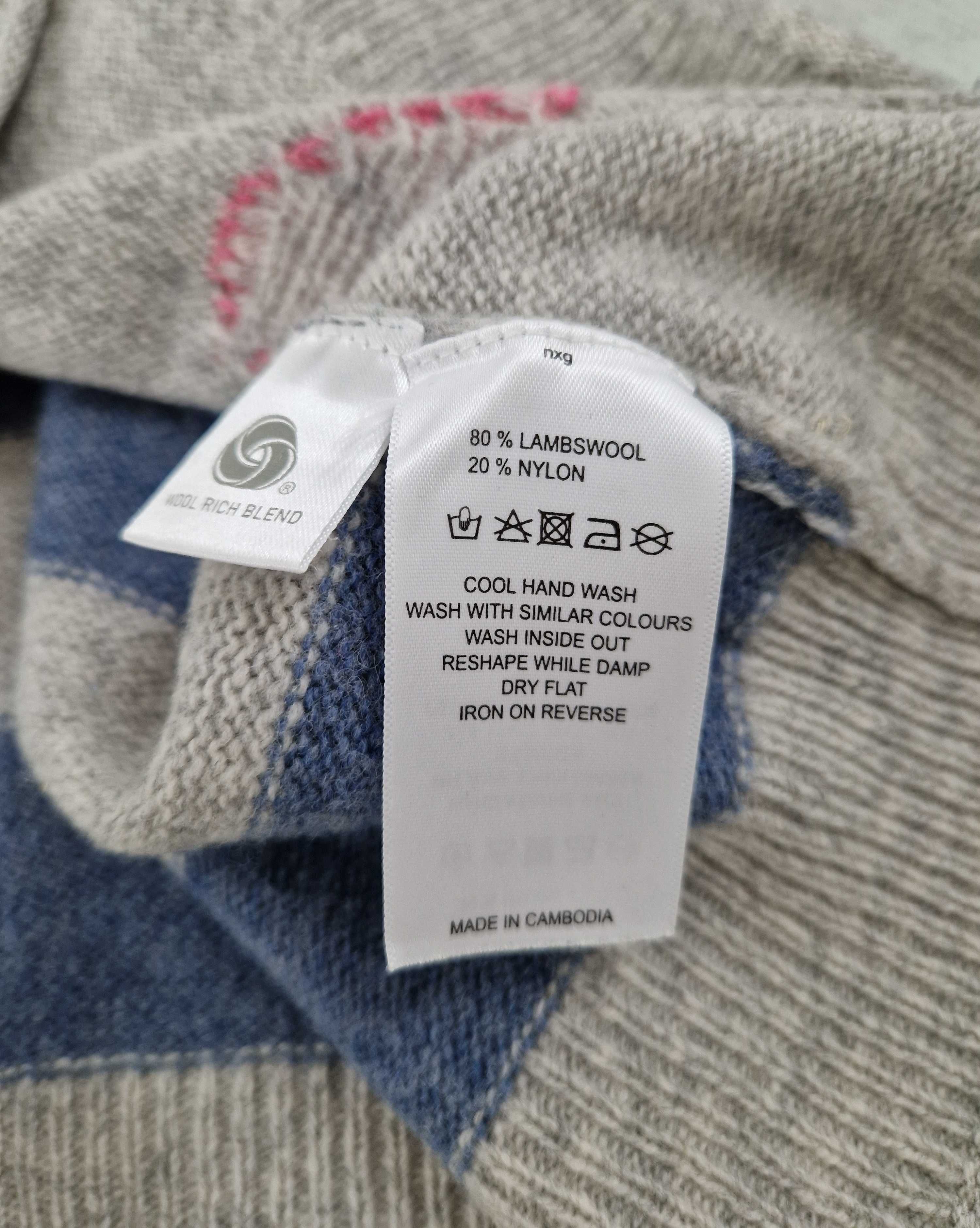 Szary wełniany sweter w kolorowe serca paski 80% lambswool 20% nylon M
