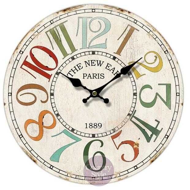 Zegar w stylu vintage kolorowy średnica 34 cm drewno.