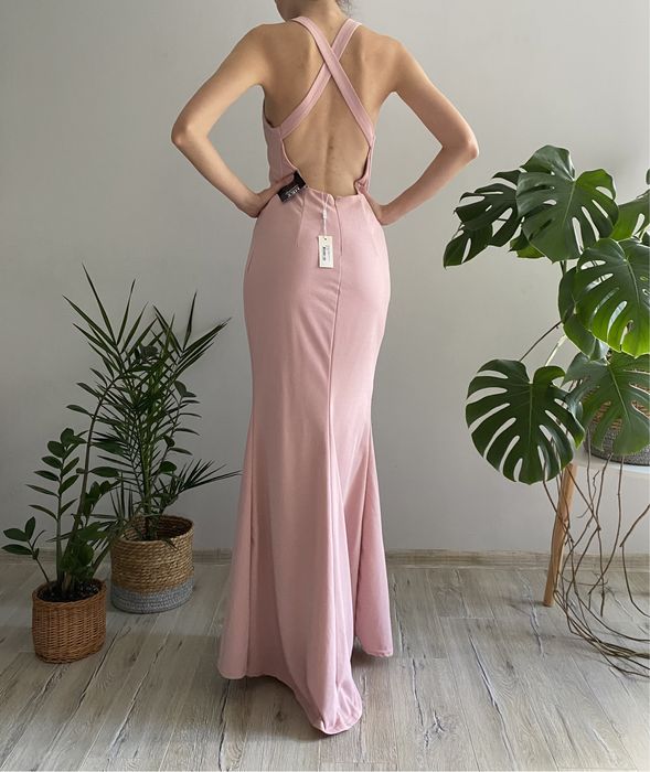 Długa elegancka sukienka wieczorowa maxi nude wesele druhna dla druhny