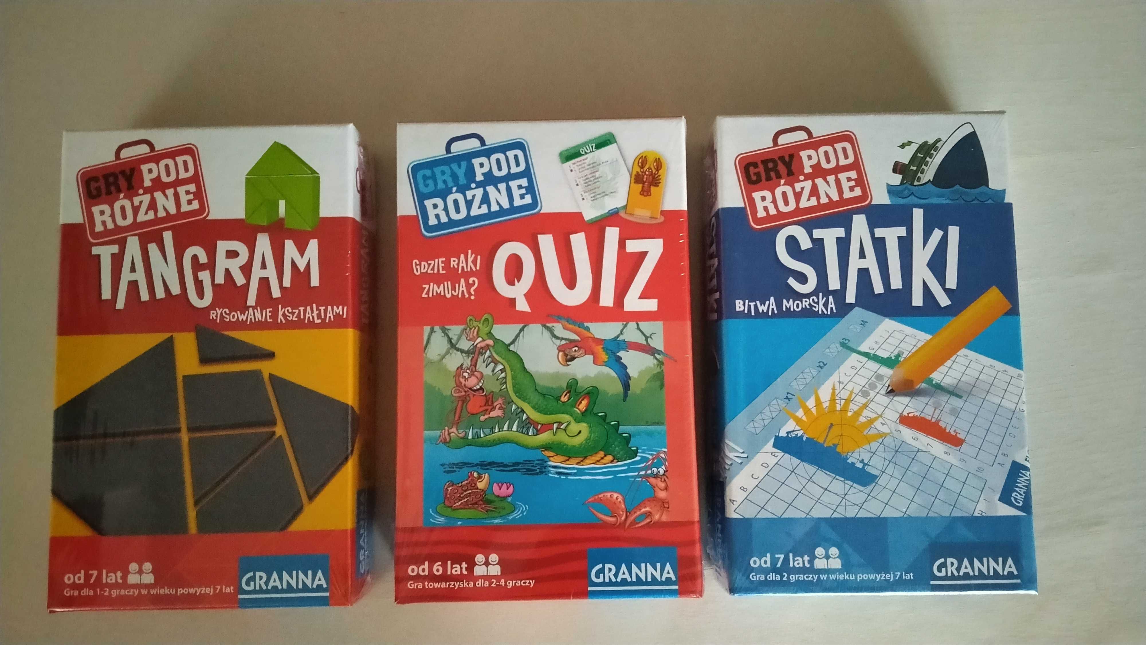 GRANNA Zestaw 3 nowych gier firmy Tangram, Quiz, Statki