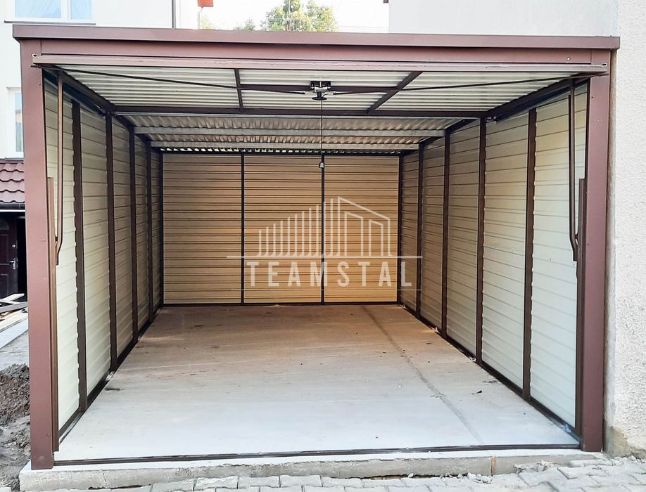 GARAŻ BLASZANY 3m x 6m poziom - spad tył - Brama uchylna TS269 3x6