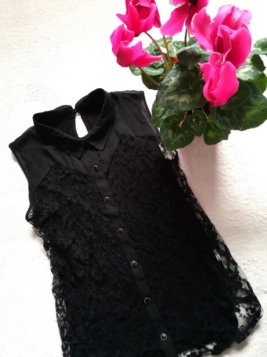 Koronkowa bluzka mgiełka zwiewna z kołnierzem czarna goth m gothic