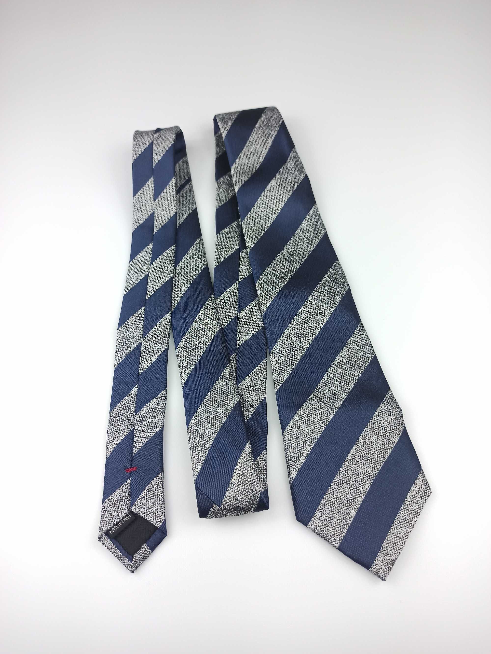 Baumler granatowy szary jedwabny krawat w paski f40