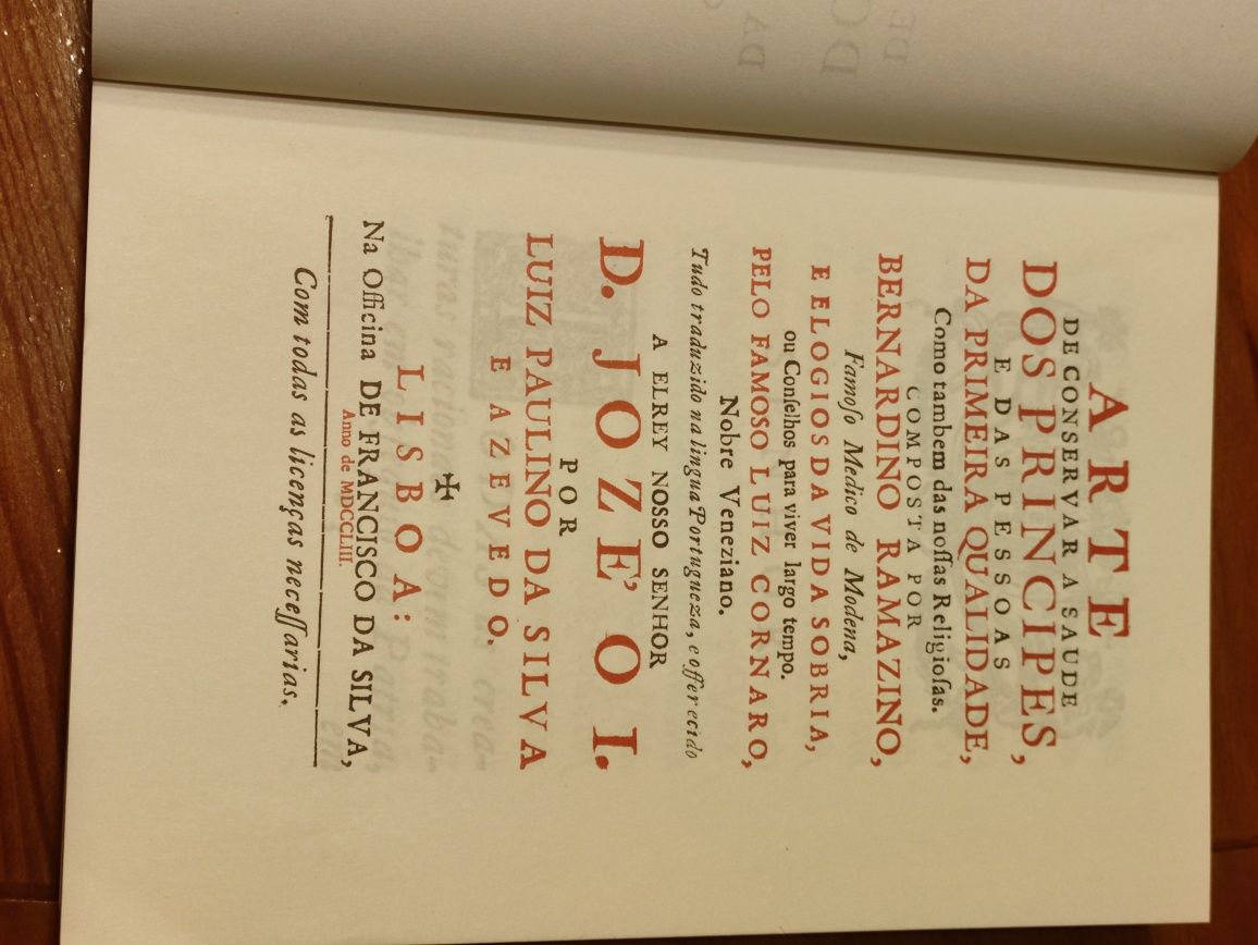 Livro Antigo Arte de conservar a Saude dos Principes - B. Ramazzini