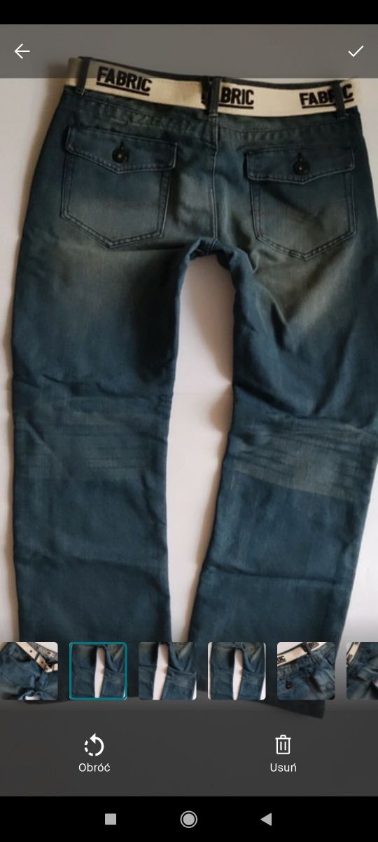 R. 34 Nowe Męskie Spodnie Jeans Navy Plus Pasek Logo Pleciony Biały