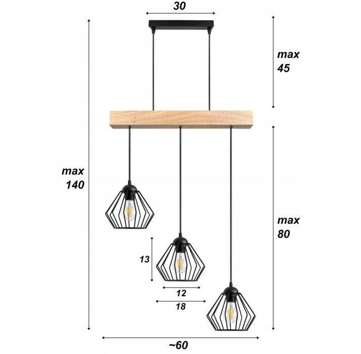 Lampa wiszaca 3xE27 czarna z drewnem Loft Glamour Nowa