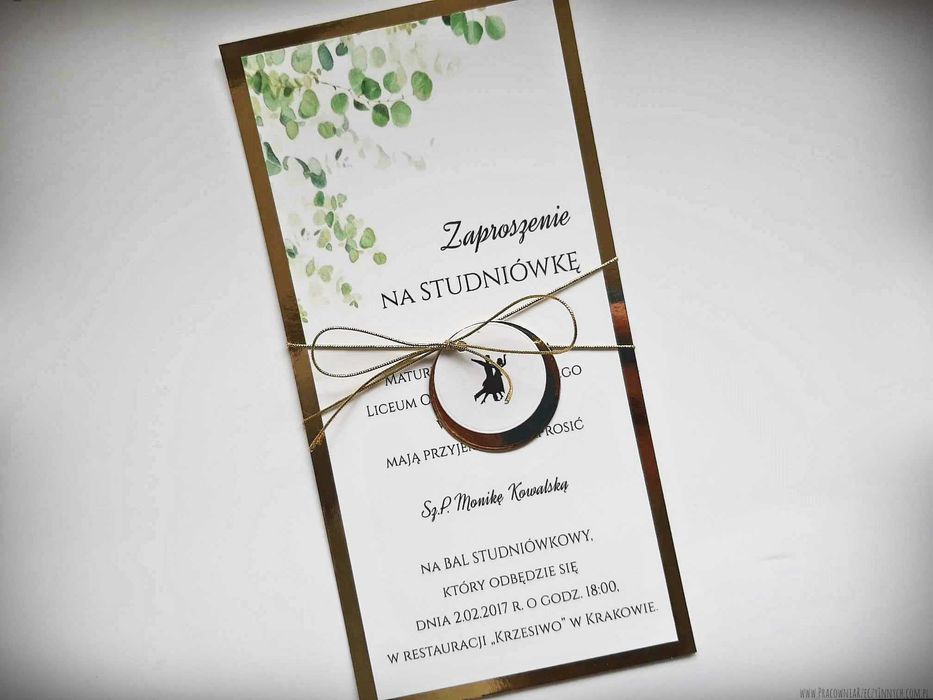 Glamour zaproszenia z listkami  na Studniówkę, złoto lub srebro