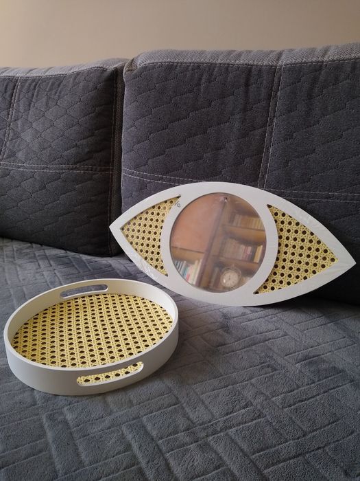 Zestaw taca i lustro ścienne w stylu rattan
