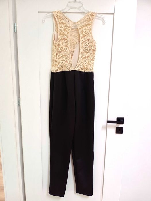 elegancki długi czarny kremowy koronkowy kombinezon ze spodniami 38M