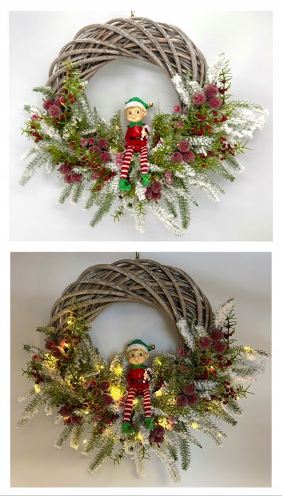 Wianek świąteczny LED zimowy na drzwi z elfem ręcznie robiony