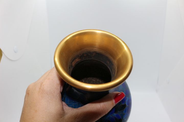 Jarra chinesa metal cloisonné 30A cm azul flores fio Dourado XIX/XX