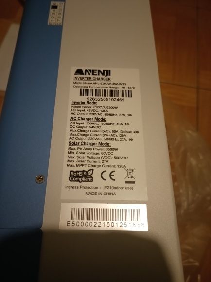 Гибридний інвертор ANENJI ANJ-6200W-48V+WiFi , плати bms