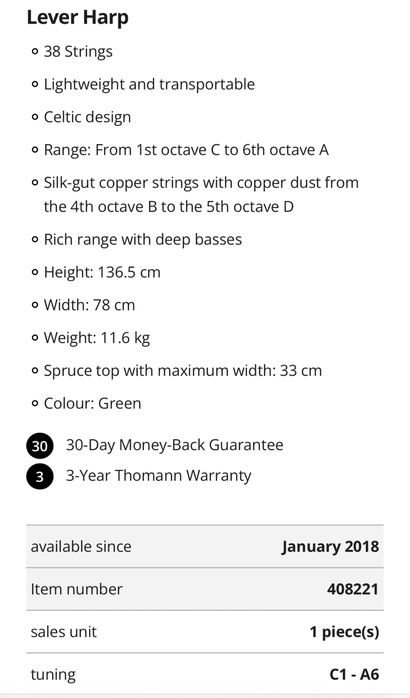 Арфа леверсна Salvi Una 38 струн