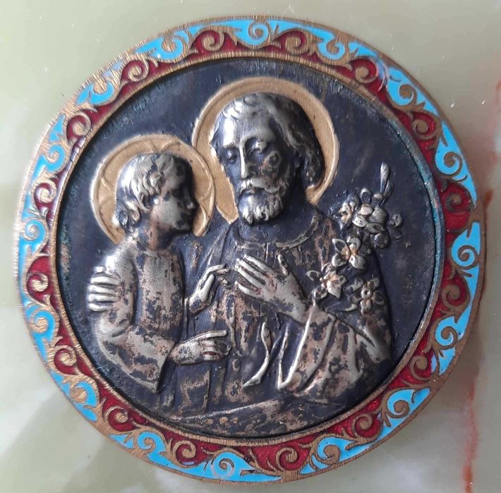 Św. Krzysztof Piękna Plakieta Emalia Marmur XIX/XX w.
