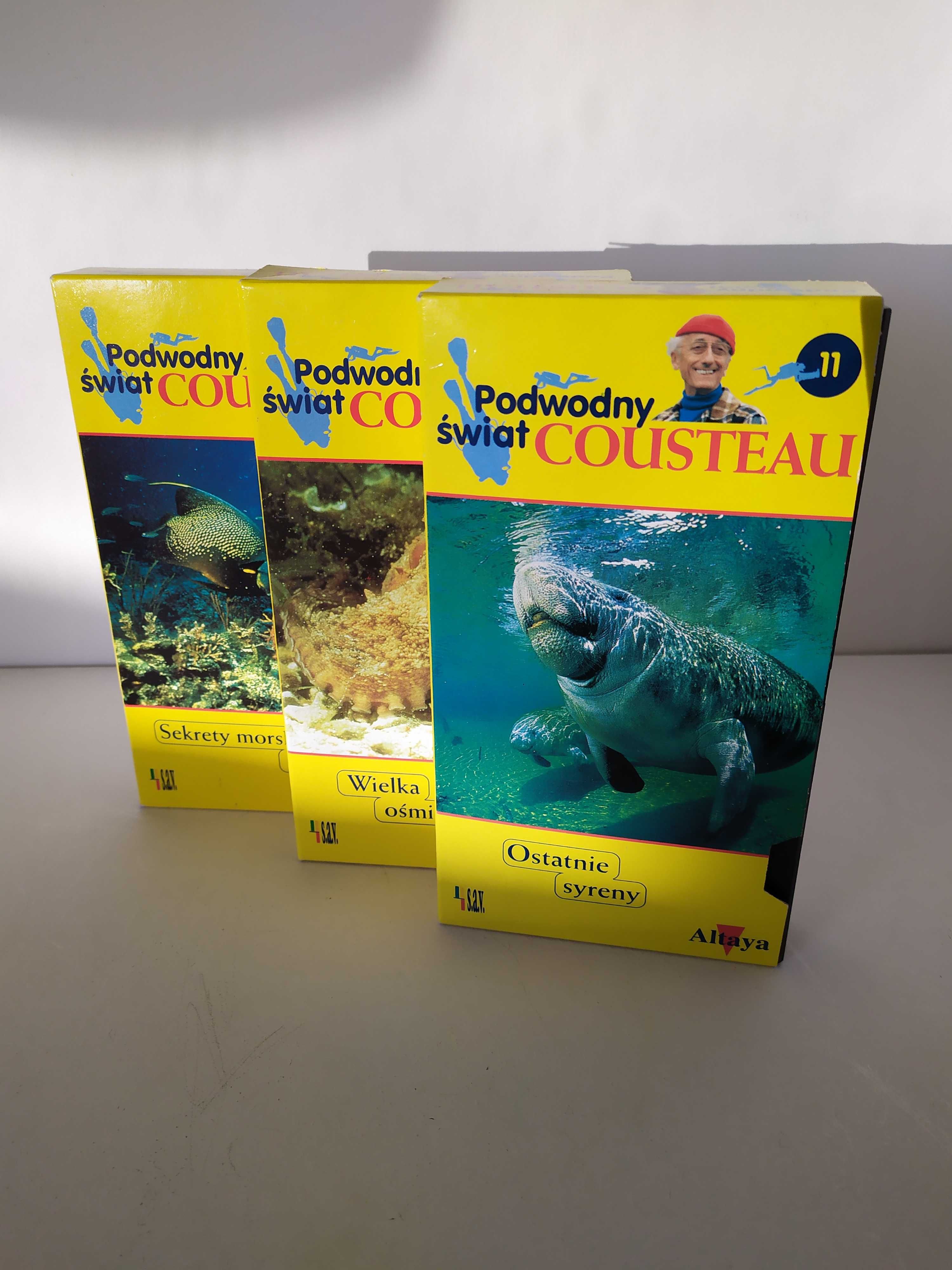 Kasety VHS przyrodnicze, Podwodny świat Cousteau cena za 3 sztuki