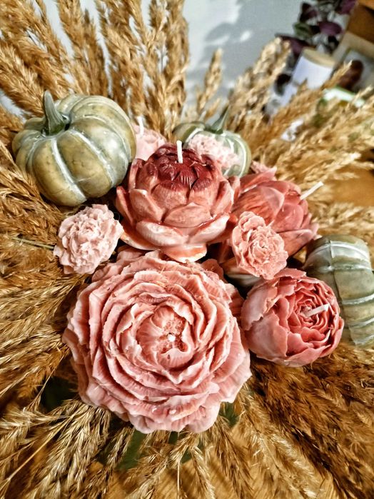 Jesienny stroik z dynią i świecami sojowymi handmade