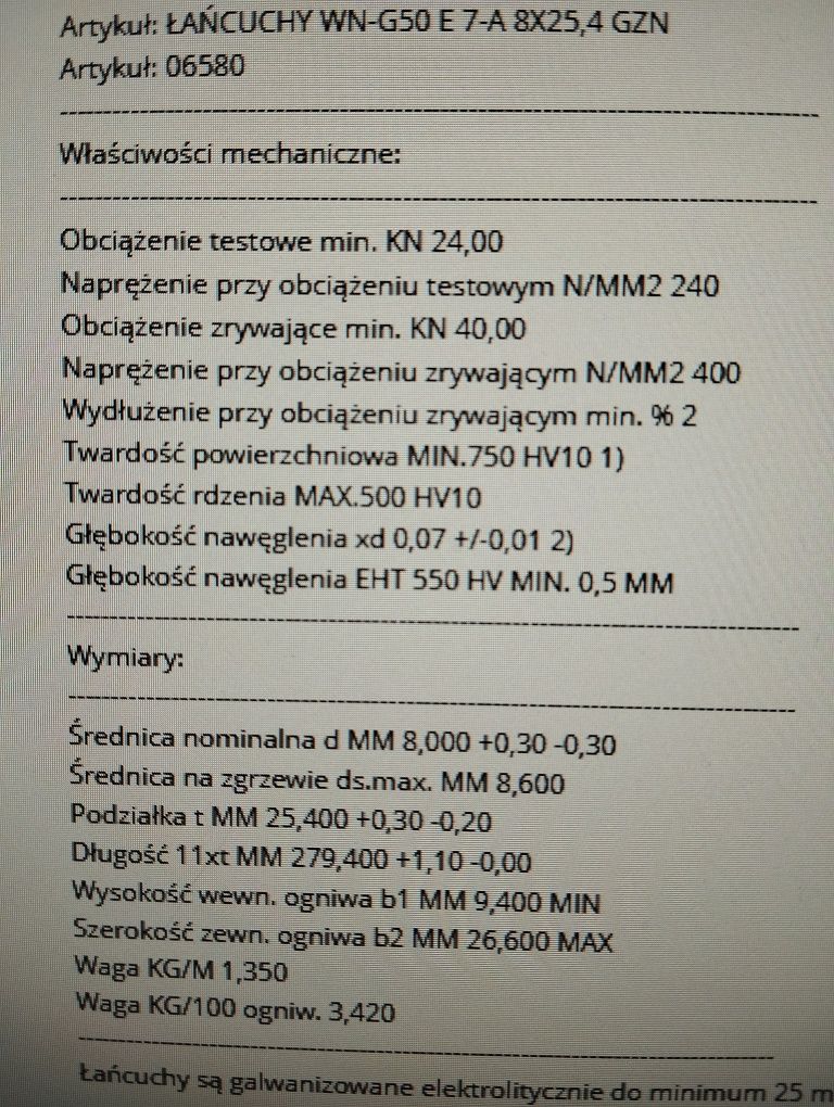 Łancucj stalowy G50 ocynkowany 8mm Zrywkowy śniegowych techniczny złac