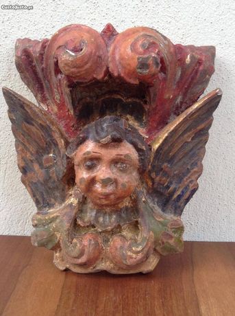 Imagem cara anjo madeira castanho pintura, mísula, peanha, arte sacra