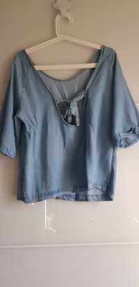 Promod, luźna bluzka damska,niebieska,z wiązaniem,jeans,bawełna,r.M/38