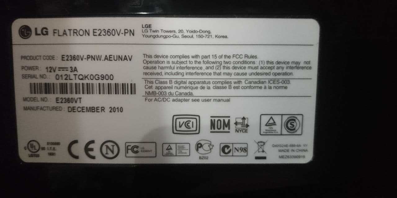 Продам Монитор  LG E2360 (Analog)  [23" LCD]  (012LTQK0G900)