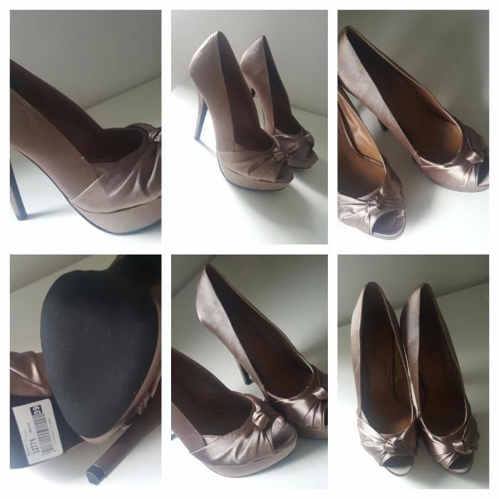Sapatos cetim Bronze salto alto NOVOS