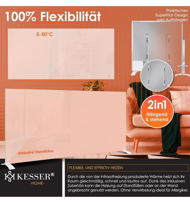 KESSER Grzejnik na podczerwień 600 W, konwektor szklany, 2 w 1