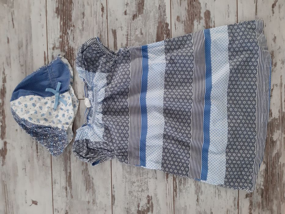 H&M letnia sukienka w paski oversize dla dziewczynki i kapelusik r. 86