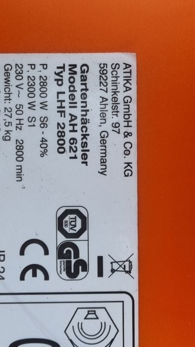 Rozdrabniacz do gałęzi frezowy Atika z koszem 2800 Watt rębak