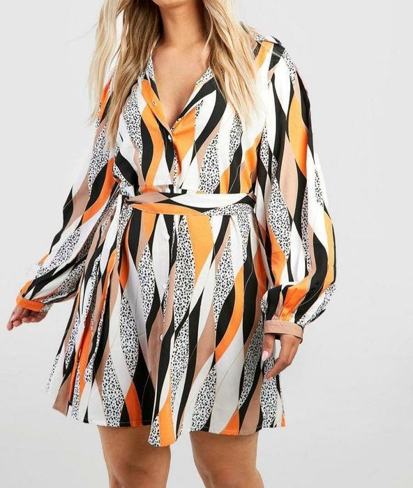 Sukienka z długim rękawem wzorzysta koszulowa Boohoo plus size