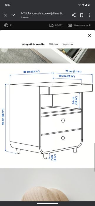 Komoda przewijak MYLLRA IKEA z matą oraz pojemnikami z koszem