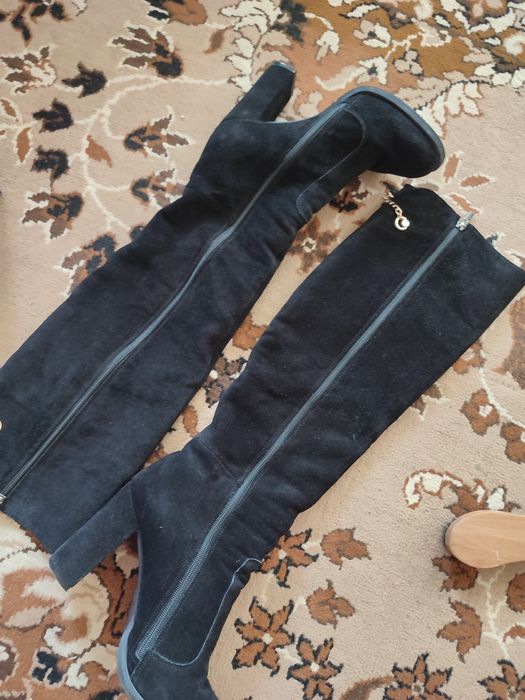 Ботфорты с натуральной замши зимние сапоги на каблуке зимние ботфорты