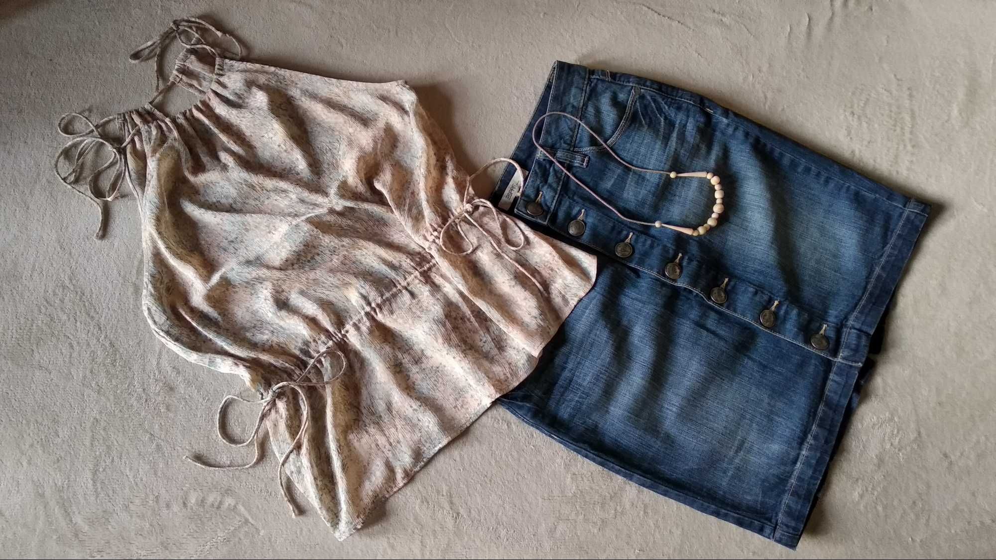Komplet: spódnica jeansowa ESPRIT r. S/M; bluzka H&M r. S; korale