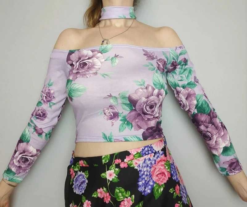 Nowy crop top hiszpanka bluzka liliowy w kwiaty XS 34 nly trend