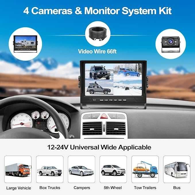 CAMECHO Zestaw kamer cofania, zestaw 4 kamer, 9-calowy monitor