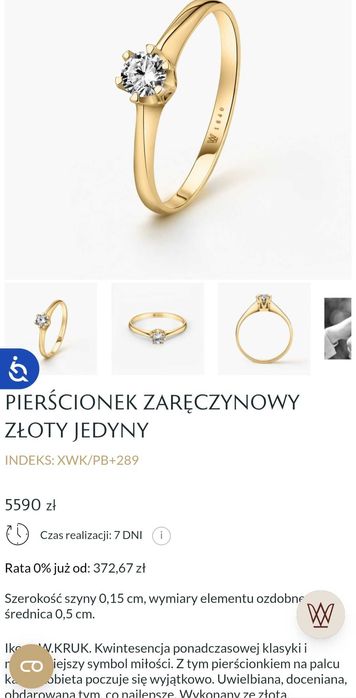 Pierścionek zaręczynowy złoty jedyny W. Kruk. Rozmiar 12. 0,25ct.