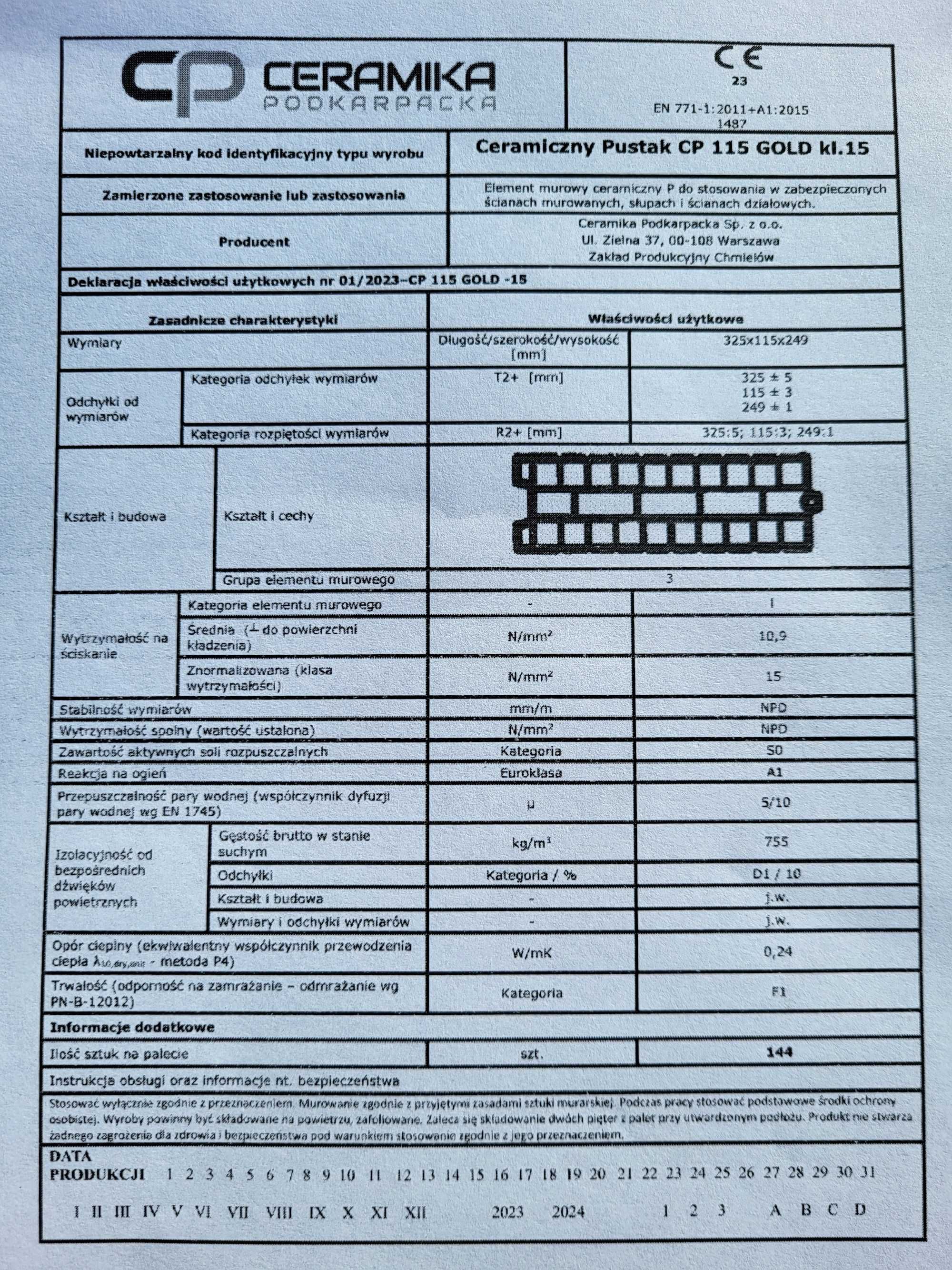 Pustak CP25 GOLD  P+W kl.15 cp250 Szlifowany Ceramika Podkarpacka