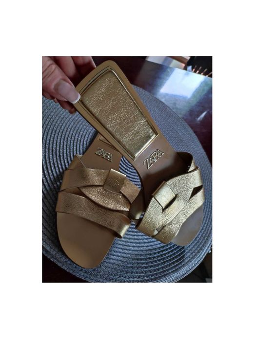 Zara klapki skórzane skórkowe ze skóry złote płaskie  hit sezonu